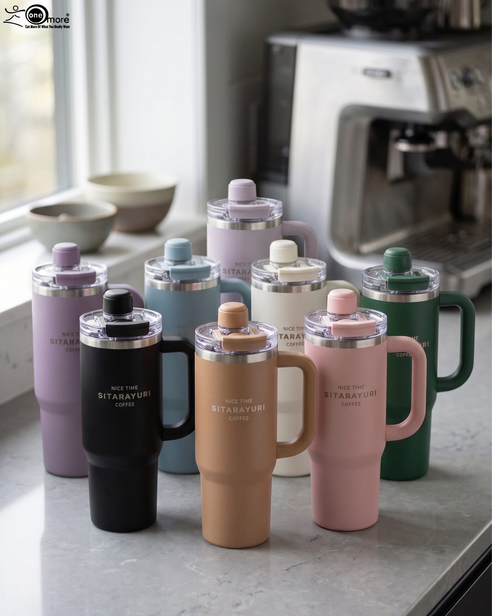 1 A collection of 900ml insulated "Nice Time Sitarayuri Coffee" tumblers with handles displayed in various colors on a kitchen counter.