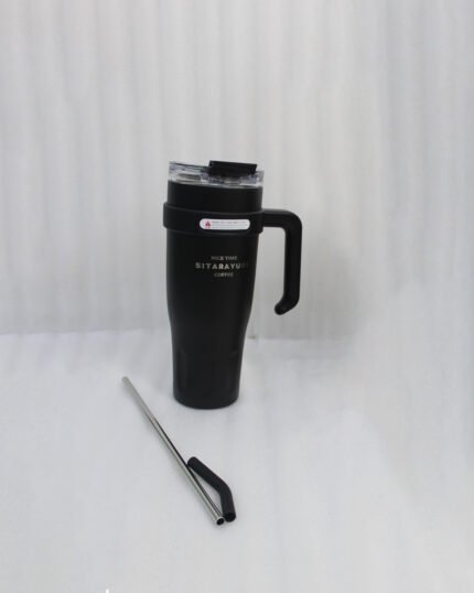 : An array of colorful 1.2L stainless steel tumblers with handles and clear lids displayed on a kitchen counter