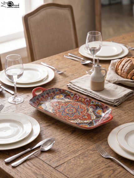 Vibrant 13-inch decorative Marrakech ceramic serving dish with colorful mosaic patterns and built-in side handles displayed on a wooden countertop.