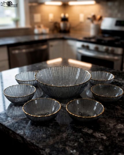 Two grey ribbed glass bowls with gold trim displayed together on a modern white marble countertop