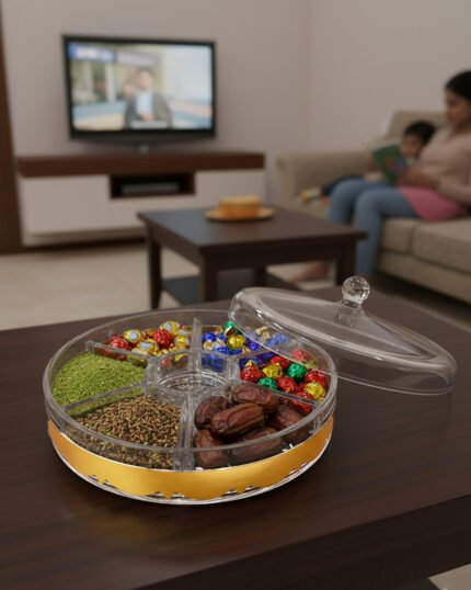 Three luxury crystal dry fruit dishes with gold rims and lids in Small, Medium, and Large sizes displayed on a dark wooden coffee table.