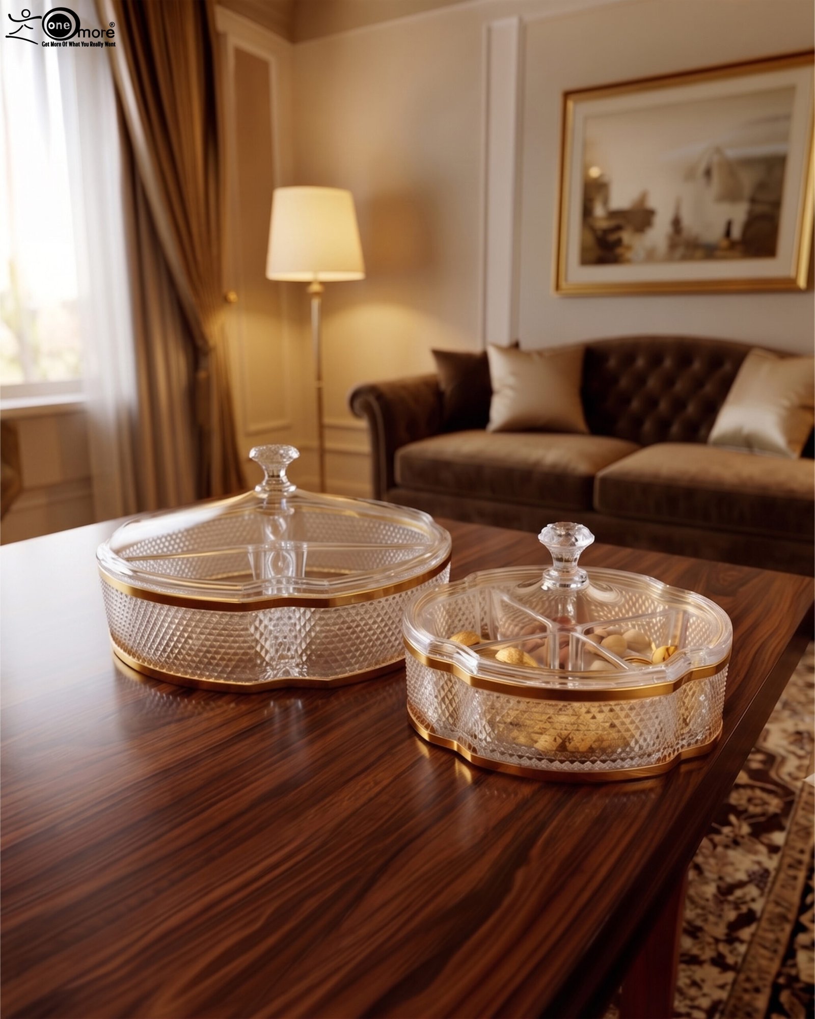 3 Two elegant crystal dry fruit dishes with lids and gold trim displayed on a wooden table in a luxury living room setting, available in medium and large sizes.