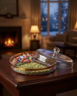 Three elegant cut-crystal dry fruit dishes with gold rims and matching spherical-handle lids displayed in Small, Medium, and Large sizes on a wooden coffee table in a modern living room.