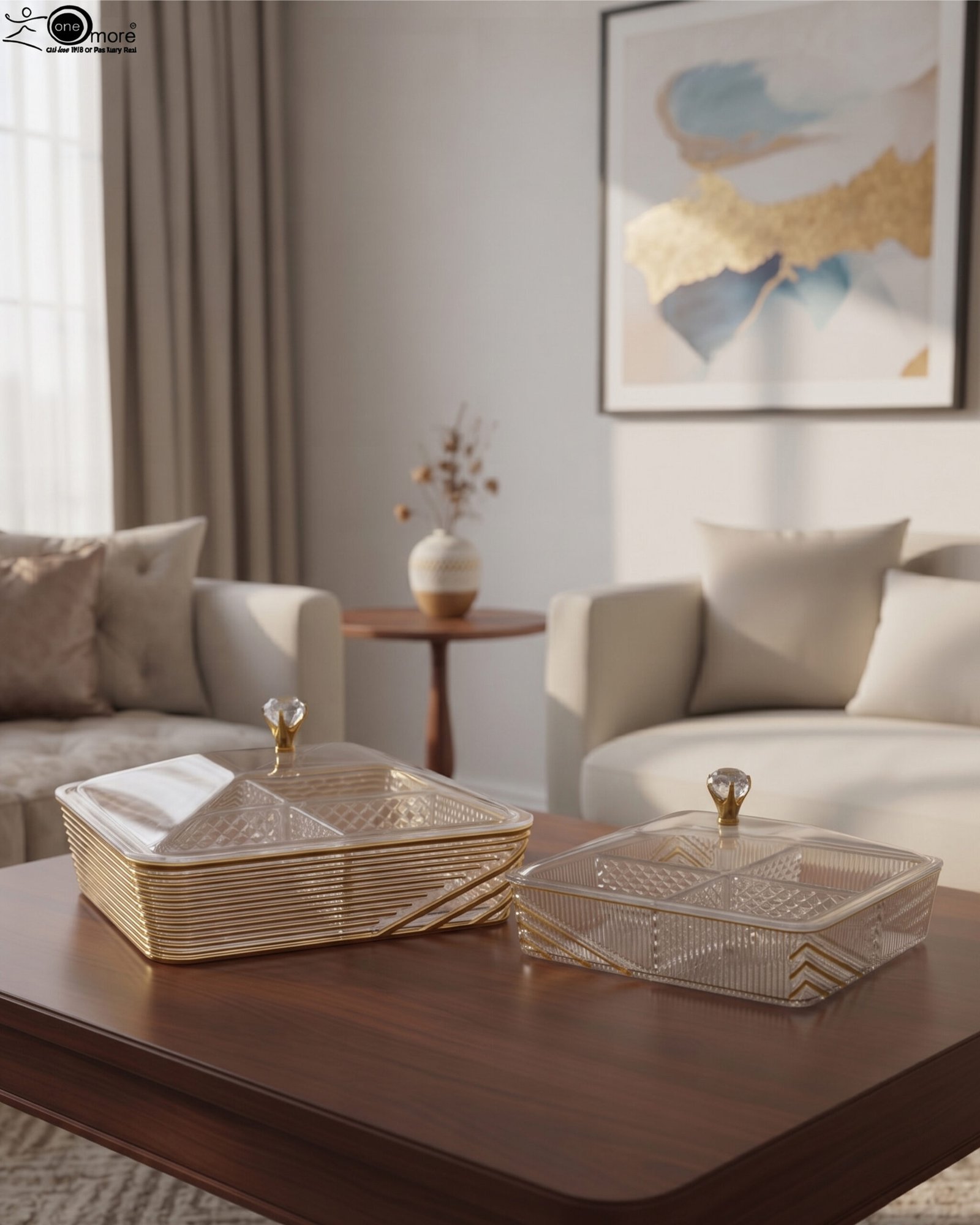 4 Two luxury clear acrylic dry fruit serving dishes with gold trim, crystal knobs, and partitioned compartments displayed on a modern wooden coffee table.