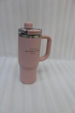 A collection of 900ml insulated "Nice Time Sitarayuri Coffee" tumblers with handles displayed in various colors on a kitchen counter.