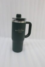 A collection of 900ml insulated "Nice Time Sitarayuri Coffee" tumblers with handles displayed in various colors on a kitchen counter.