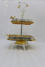 Luxury 2-tier decorative serving tray with textured gold base, silver borders, and ornate floral top handle.