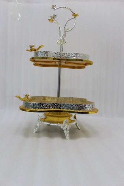 Luxury 2-tier decorative serving tray with textured gold base, silver borders, and ornate floral top handle.