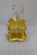 Luxury 2-tier decorative serving tray with textured gold base, silver borders, and ornate floral top handle.