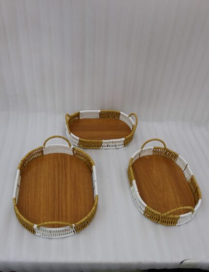 3 piece oval rattan serving trays with handles and wooden bottoms in a two-tone white and natural brown pattern