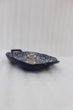 Square ceramic 6-inch Marrakesh decorative bowl with vibrant floral mandala pattern and side handles sitting on a wooden table.