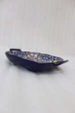 Vibrant blue 9.5-inch decorative Marrakech ceramic serving bowl with handles featuring a colorful mandala pattern on a rustic wooden table.