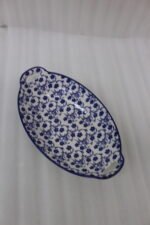 10.5-inch oval decorative Marrakesh ceramic serving dish with blue floral motif and side handles