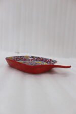 6.5-inch decorative Marrakech square ceramic serving platter with intricate mandala pattern and handle on a wooden countertop