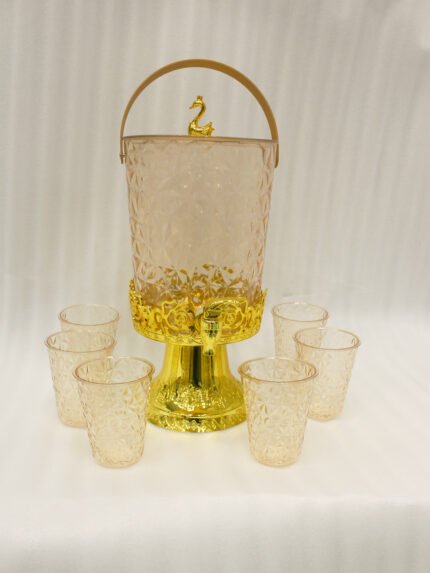 Luxury crystal-patterned acrylic drink dispenser with gold stand and 6 matching glasses