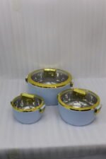 3-piece luxury insulated hotpot set in light blue with gold trim and clear glass lids displayed on a marble kitchen countertop.