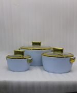 3-piece luxury insulated hotpot set in light blue with gold trim and clear glass lids displayed on a marble kitchen countertop.