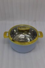 3-piece luxury insulated hotpot set in light blue with gold trim and clear glass lids displayed on a marble kitchen countertop.