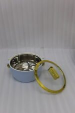3-piece luxury insulated hotpot set in light blue with gold trim and clear glass lids displayed on a marble kitchen countertop.