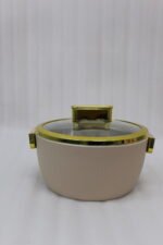 3-piece beige insulated hotpot set with glass lids and gold rims on a white marble countertop