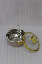 3-piece beige insulated hotpot set with glass lids and gold rims on a white marble countertop