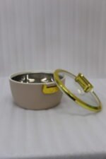 3-piece beige insulated hotpot set with glass lids and gold rims on a white marble countertop