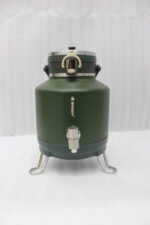 Bangda 5L matte green insulated water cooler jug with stainless steel dispenser tap and metal folding stand on a white marble countertop.