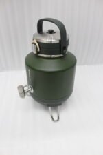 Bangda 5L matte green insulated water cooler jug with stainless steel dispenser tap and metal folding stand on a white marble countertop.