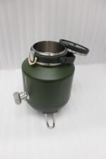 Bangda 5L matte green insulated water cooler jug with stainless steel dispenser tap and metal folding stand on a white marble countertop.