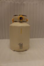 Off-white 7-liter insulated water cooler dispenser with spigot tap and stainless steel lid on a kitchen counter