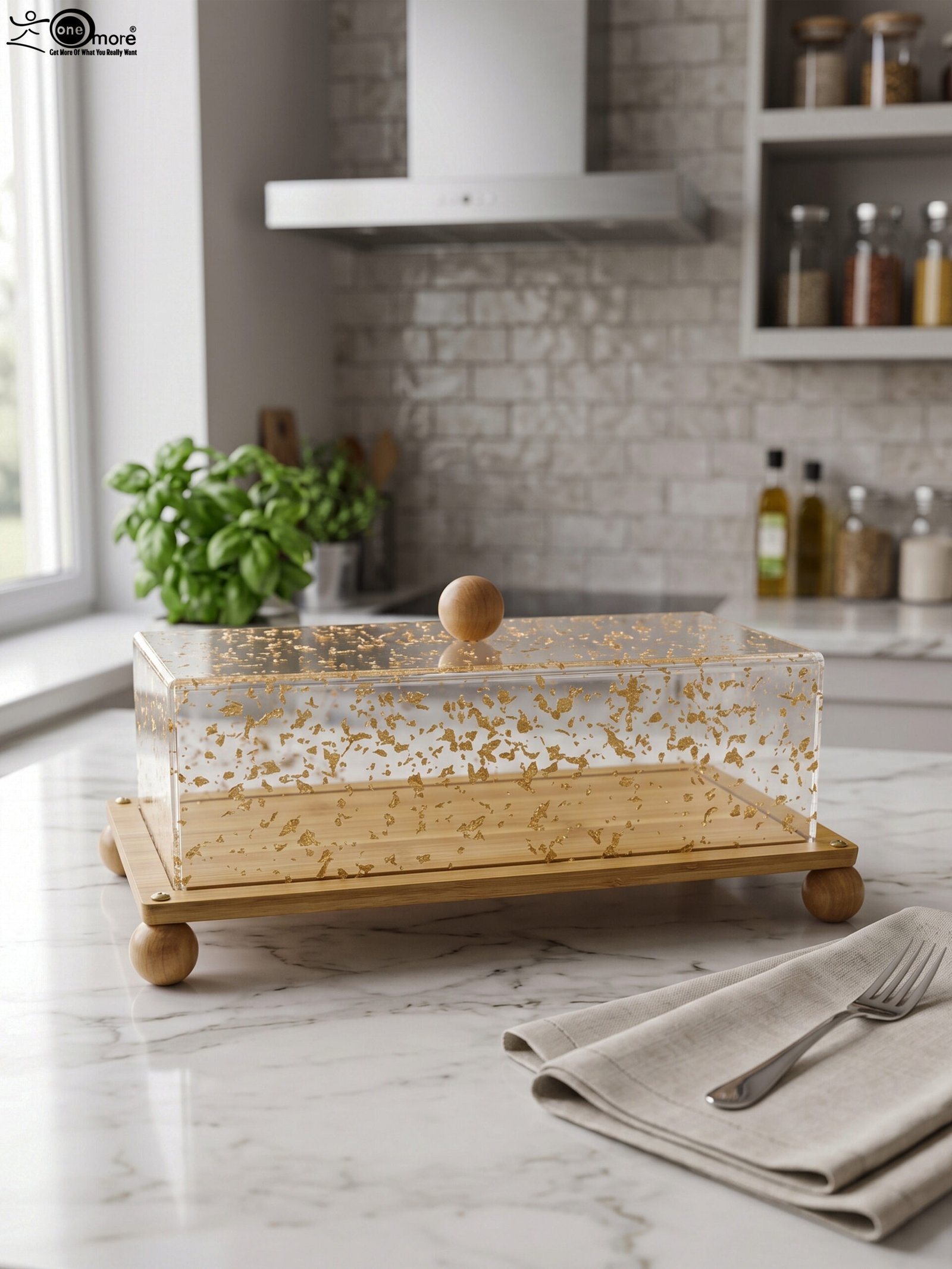 1 Rectangular wooden cake display tray with a gold flake patterned acrylic cover and wooden ball feet on a marble countertop