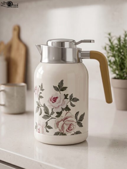 Three 2L vacuum thermal flasks with vintage floral patterns and ergonomic handles on a kitchen counter