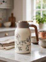 Three 2L vacuum thermal flasks with vintage floral patterns and ergonomic handles on a kitchen counter