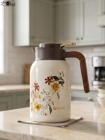 Three 2L vacuum thermal flasks with vintage floral patterns and ergonomic handles on a kitchen counter