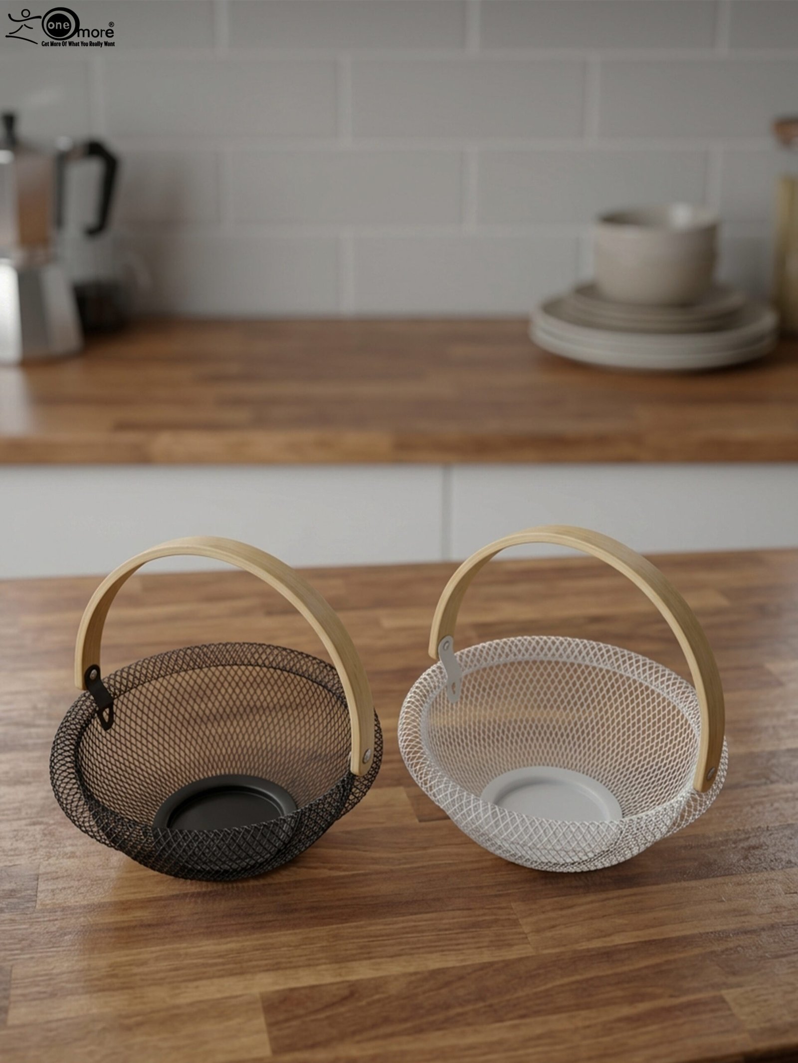 1 Black and white double wall mesh fruit baskets with wooden handles on a wooden countertop.