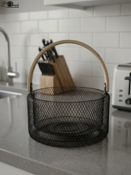 Black double-wall wire mesh fruit basket with a curved wooden handle sitting on a gray kitchen countertop.