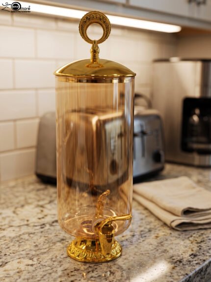 3.5 Liter amber glass drink dispenser with elegant gold spigot and decorative gold lid handle placed on a kitchen countertop