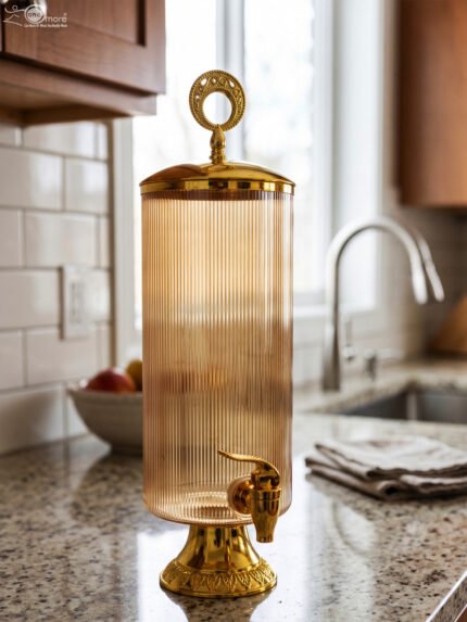 Luxury 3.5L amber ribbed glass beverage dispenser with ornate gold base, spigot, and lid handle on a kitchen countertop.
