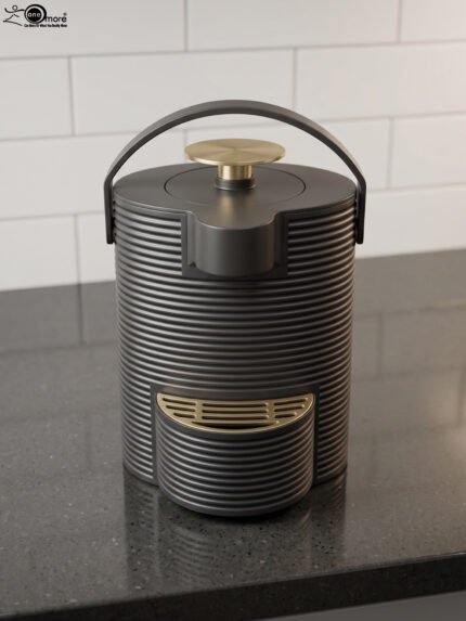Modern ribbed matte black 2-liter hot water dispenser with gold top button, carrying handle, and gold drip tray on a kitchen countertop.