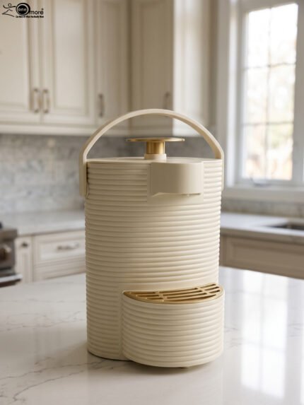 Modern cream-colored 2L ribbed water dispenser pitcher with gold accents and carrying handle on a marble kitchen countertop.