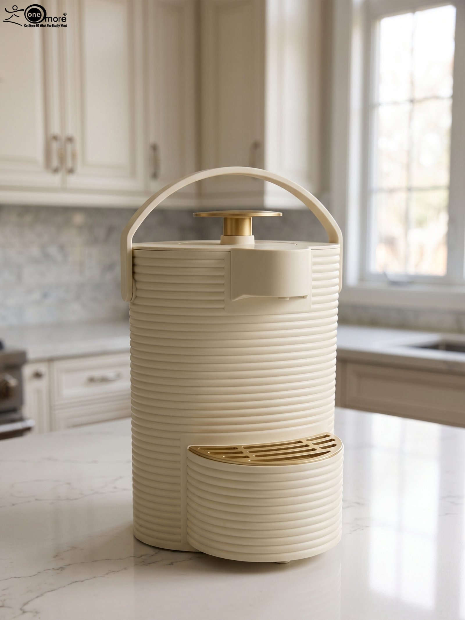 1 Modern cream-colored 2L ribbed water dispenser pitcher with gold accents and carrying handle on a marble kitchen countertop.