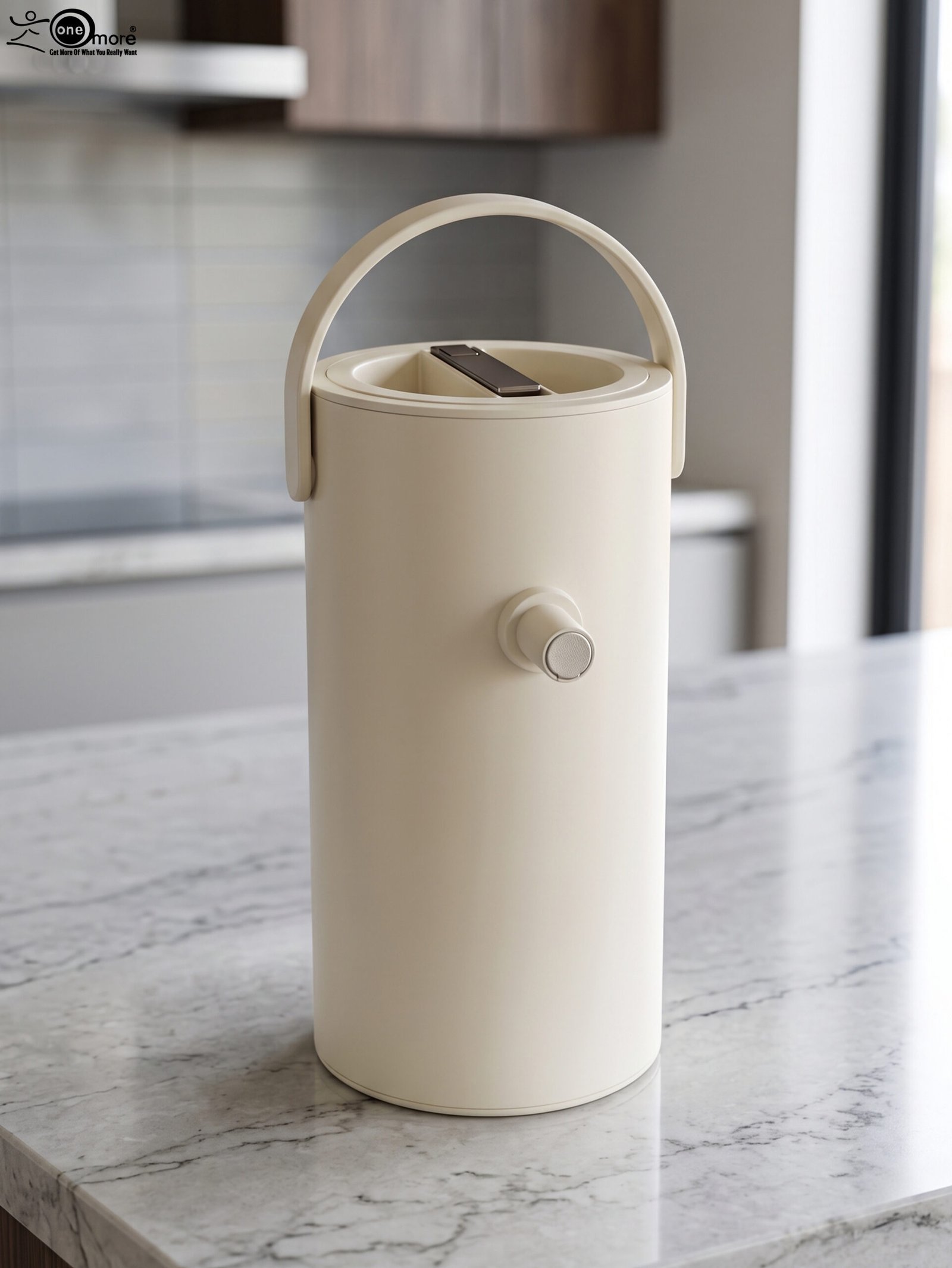 1 Minimalist off-white 2L insulated thermal water pitcher with carrying handle and dispenser spout on a marble kitchen countertop.