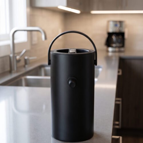 Matte black 2L bumper buffet burner holder with top handle placed on a kitchen countertop