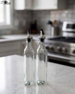 2 Pcs transparent glass oil dispenser bottles with stainless steel leak-proof pour spouts set on a marble kitchen counter