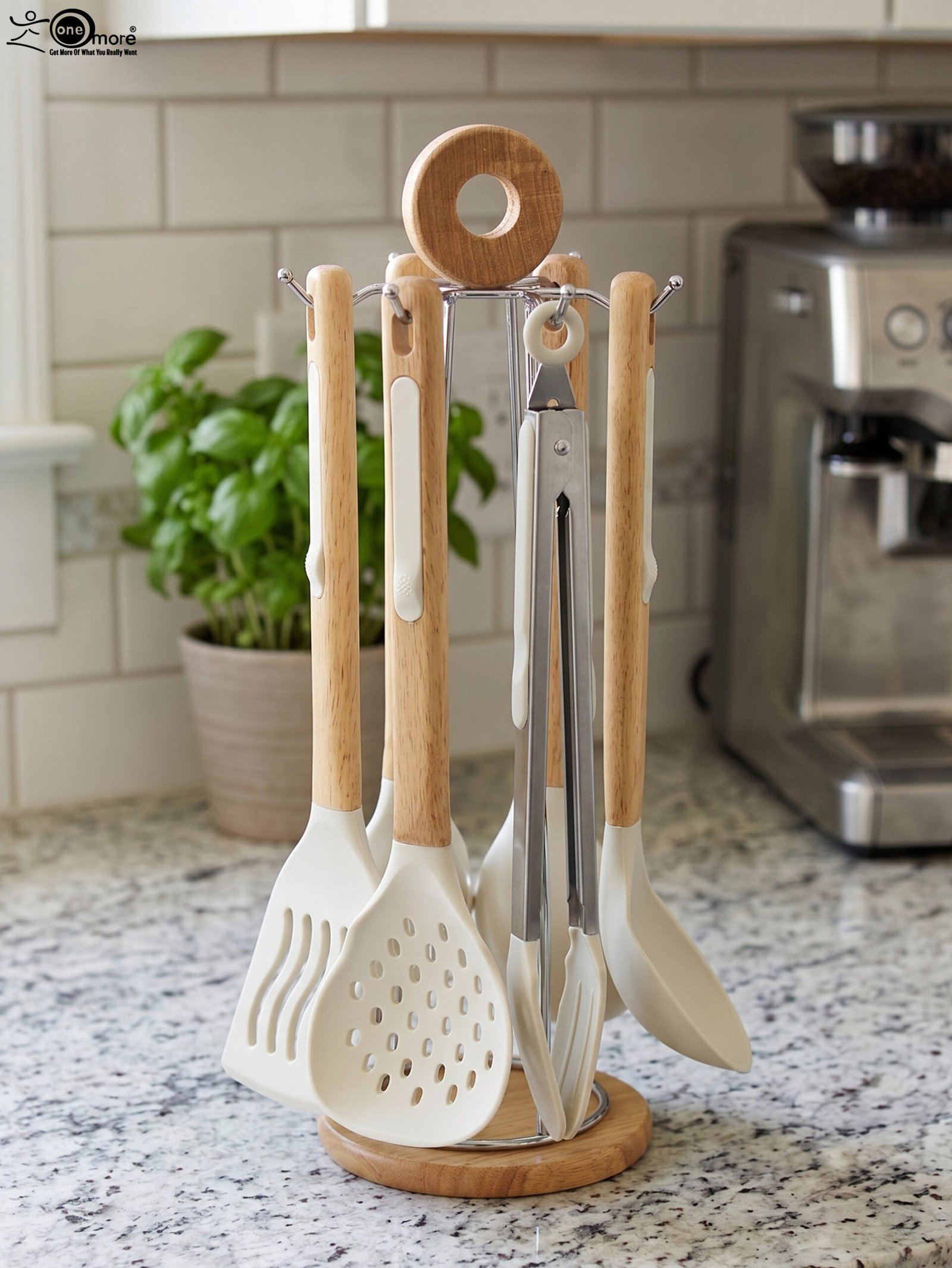 1 7 piece white silicone kitchen utensil set with natural wooden handles hanging on a chrome stand