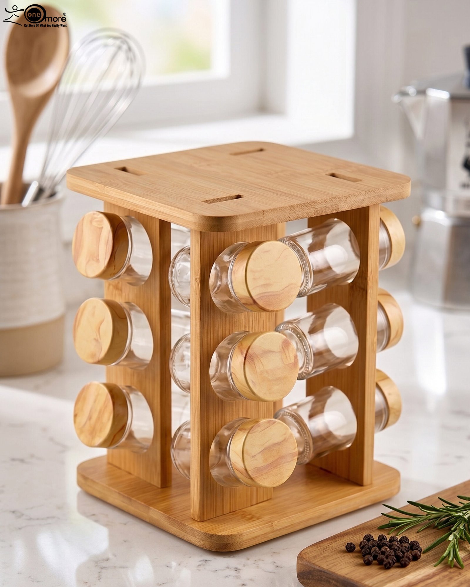 1 Square wooden bamboo spice rack holding 12 clear glass seasoning jars with wooden lids on a kitchen countertop