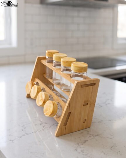 9-piece wooden spice rack with clear glass jars and matching wooden lids displayed on a white marble countertop