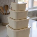 Stacked set of four cream-colored fluted plastic storage boxes with lids on a white kitchen countertop.