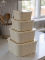 Stacked set of four cream-colored fluted plastic storage boxes with lids on a white kitchen countertop.