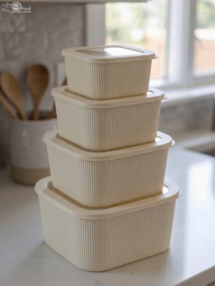 Stacked set of four cream-colored fluted plastic storage boxes with lids on a white kitchen countertop.